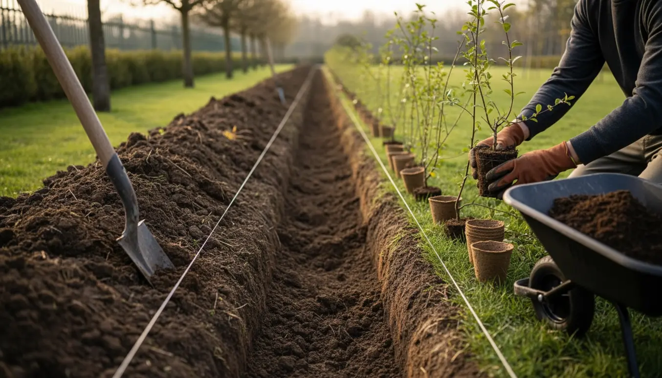 Nærbillede af en nys gravet rende langs en havegrænse klar til hækplantning med spade, jord og plantekuber.