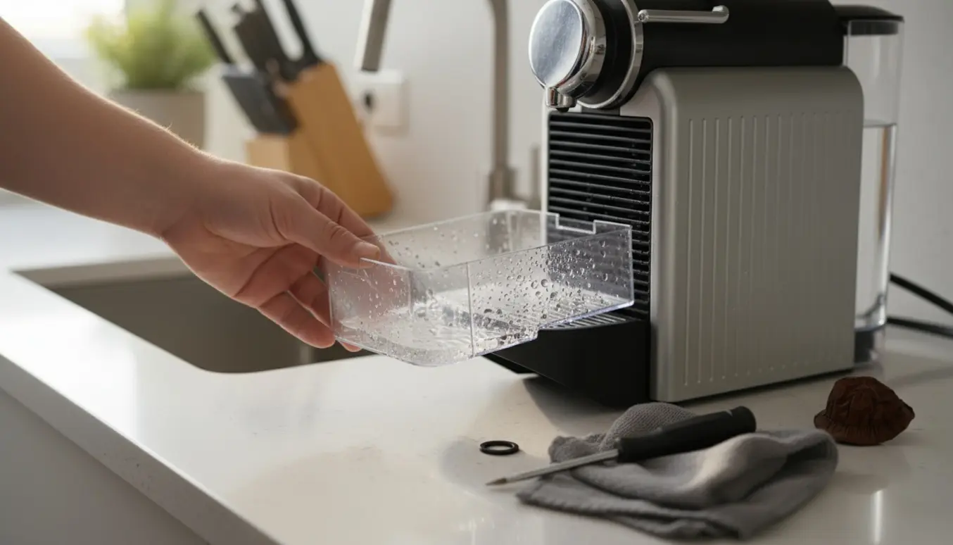 Nærbillede af en kapselkaffemaskine med en fyldt drypbakke, hvor en hånd trækker bakken ud for at tømme den.