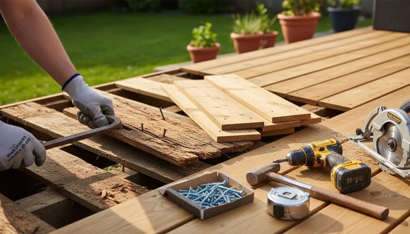 Udskiftning af rådne brædder på en lille træterrasse i haven med værktøj og nye brædder.