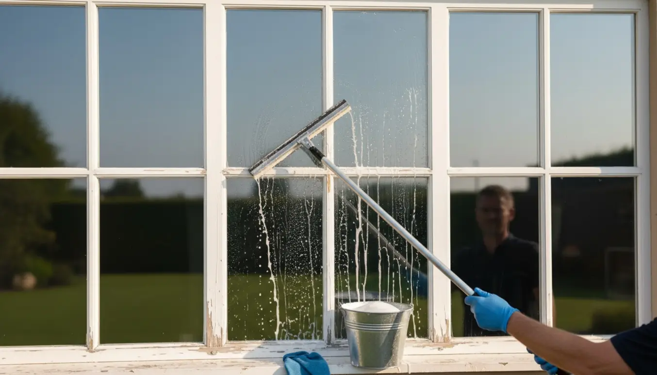 Udvendige tre-rude vinduer på en bolig, hvor en hånd pudser glasset med en vinduesvasker.