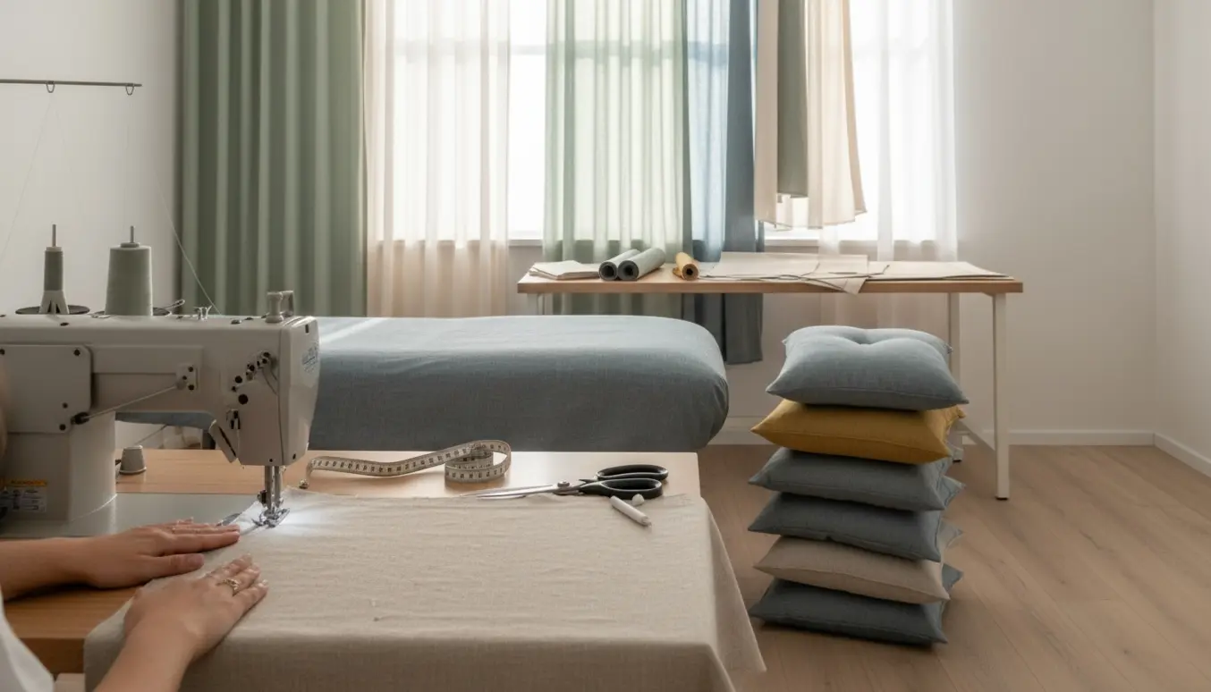 Lys klinik med symaskine, færdige gardiner, nyt betræk på en briks og en bunke puder.