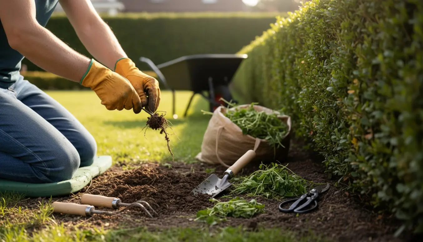 En person luger ukrudt ved bunden af en tæt hæk med handsker og haveredskaber i blødt morgenlys.