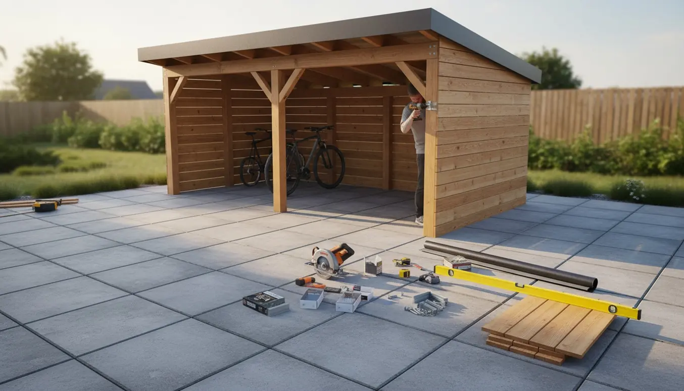 Nyt træcykelskur under opførelse på 60x60 IBF fliser med værktøj og cykler indeni.