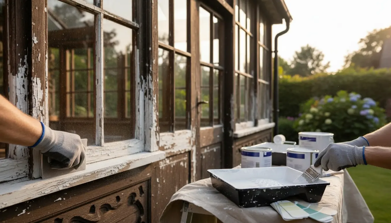 Udvendig træudestue under klargøring med handske-klædte hænder, slibning og påføring af grundmaling.