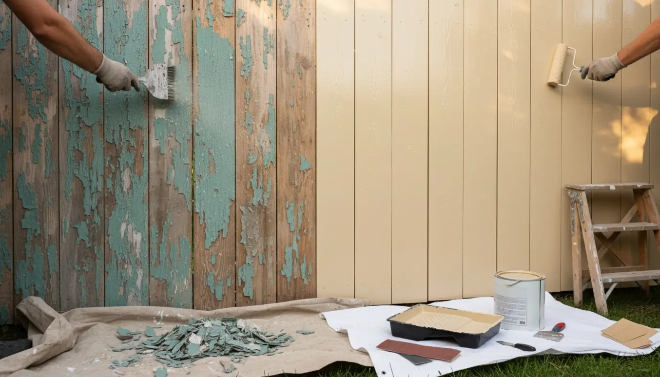 Udendørs plankeværk under renovering med skallet maling og ny frisk påført maling.