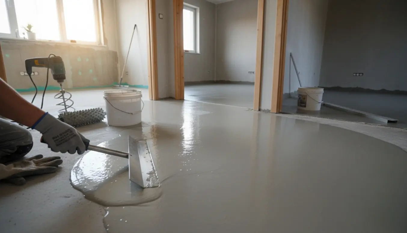 Tre tilstødende rum i forskellige stadier af flydespartling med en handskeriget hånd, spartel, spand og værktøj i fokus.