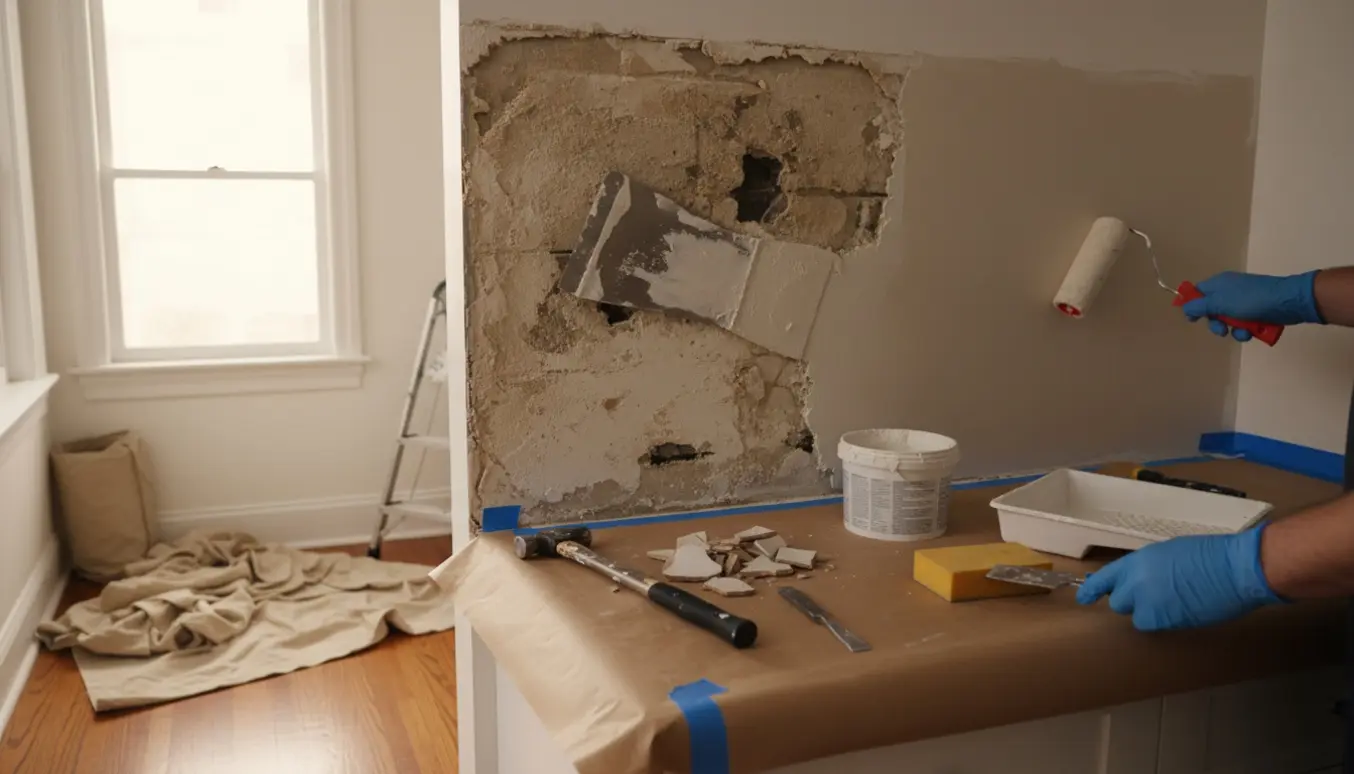 Hænder spartler og maler en væg i et lille køkken efter fjernelse af fliser.