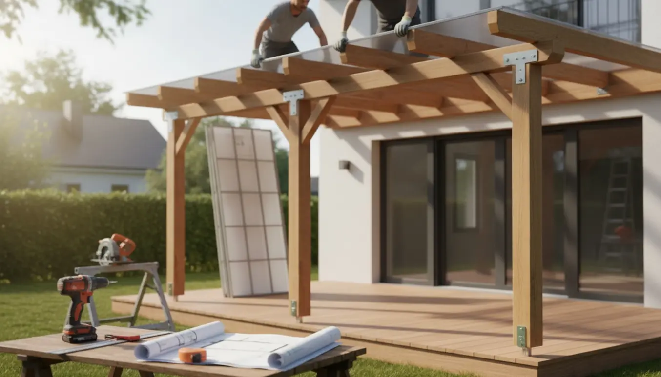 Delvist færdigbygget træudhæng til overdækket terrasse med termopaneler, værktøj og arbejdshænder i en solfyldt have.