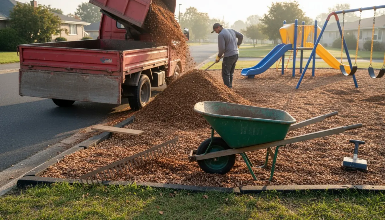 Faldunderlag i træflis bliver leveret og jævnet ud ved en legeplads tæt på vejen.