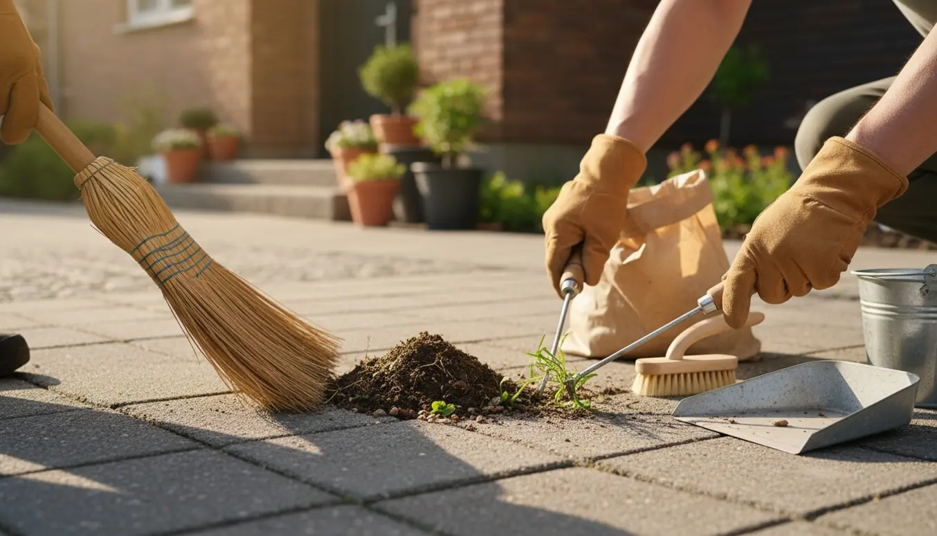 Nogen fejer fortovet og fjerner ukrudt mellem fliserne foran et hus.