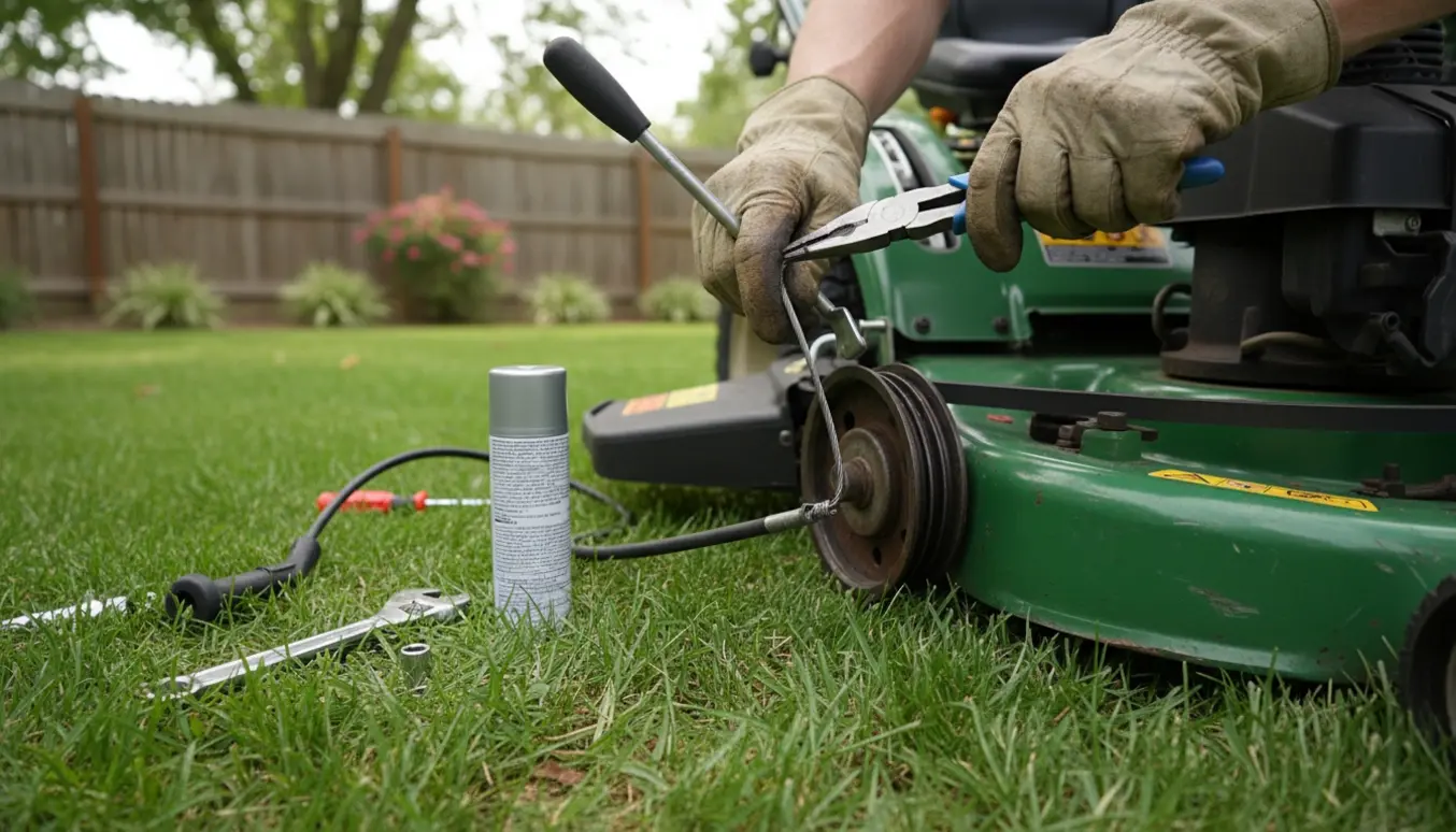 Nærbillede af handskerede hænder, der inspicerer og trækker i kablet til klippeskæret på en havetraktor.