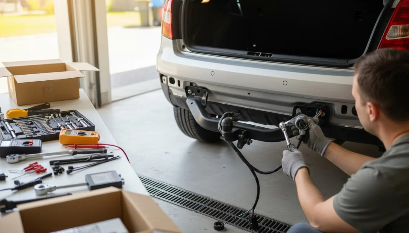 Anhængertræk og el monteres på bagsiden af en Skoda Fabia 1.2 TDI i en garage.
