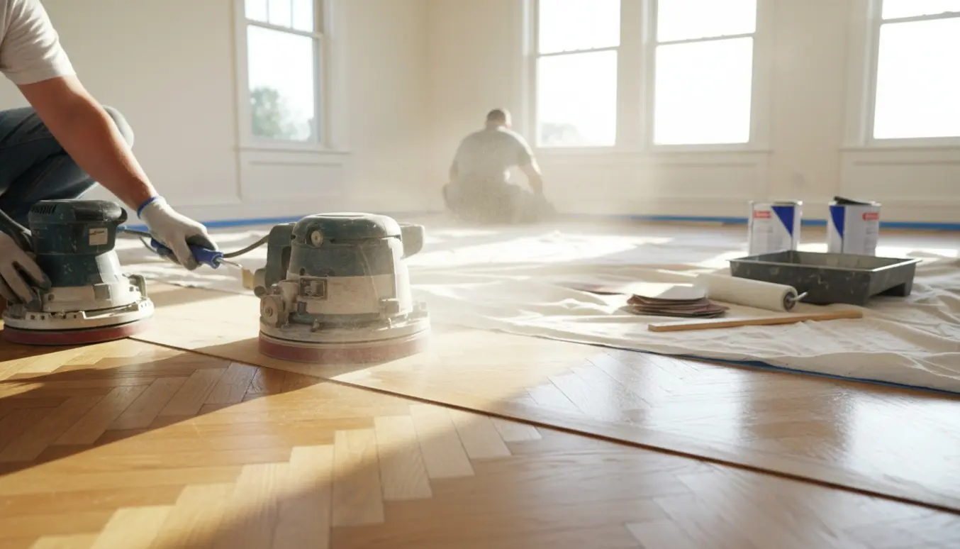 Let slibning og lakering af parketgulv i et lyst rum med værktøj og en nylakeret blank stribe.