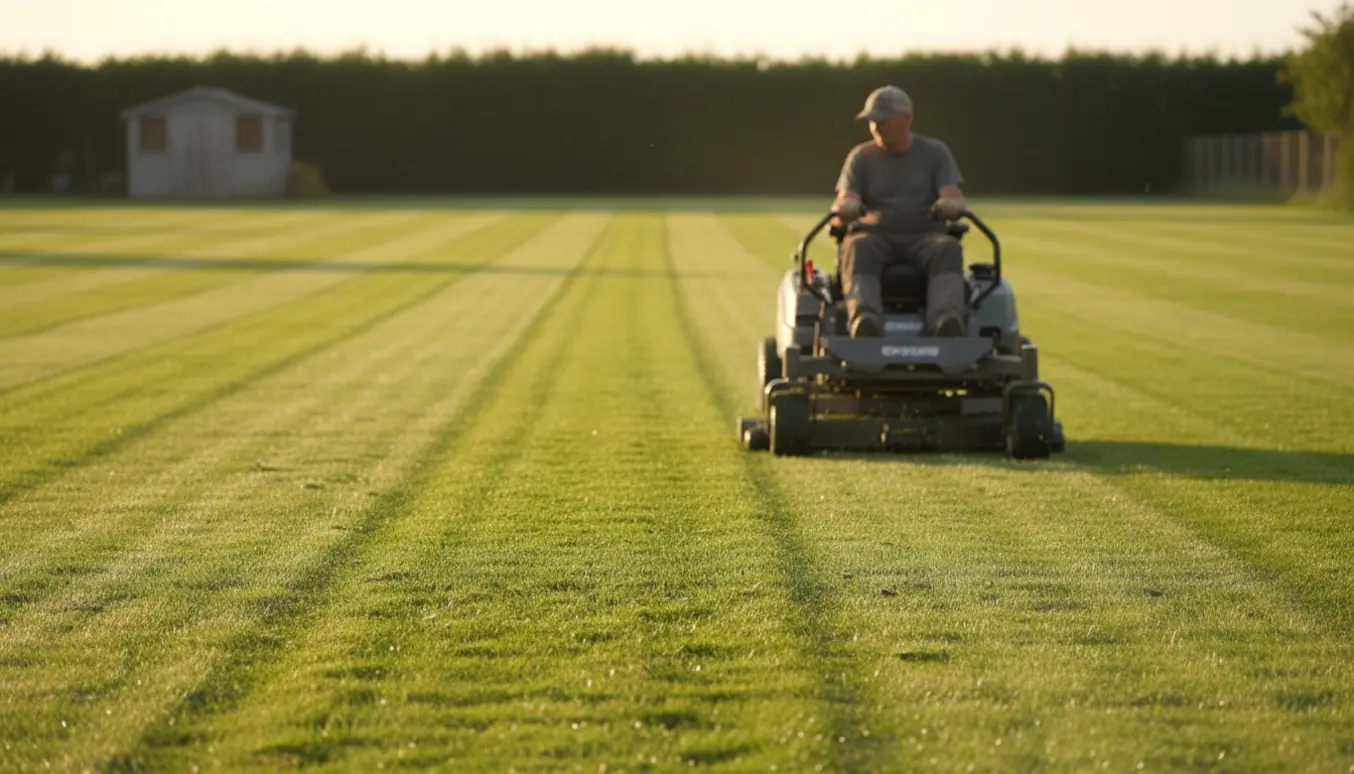 Stor, helt flad græsplæne med rene afstribninger efter en plæneklipper og en fører set bagfra.