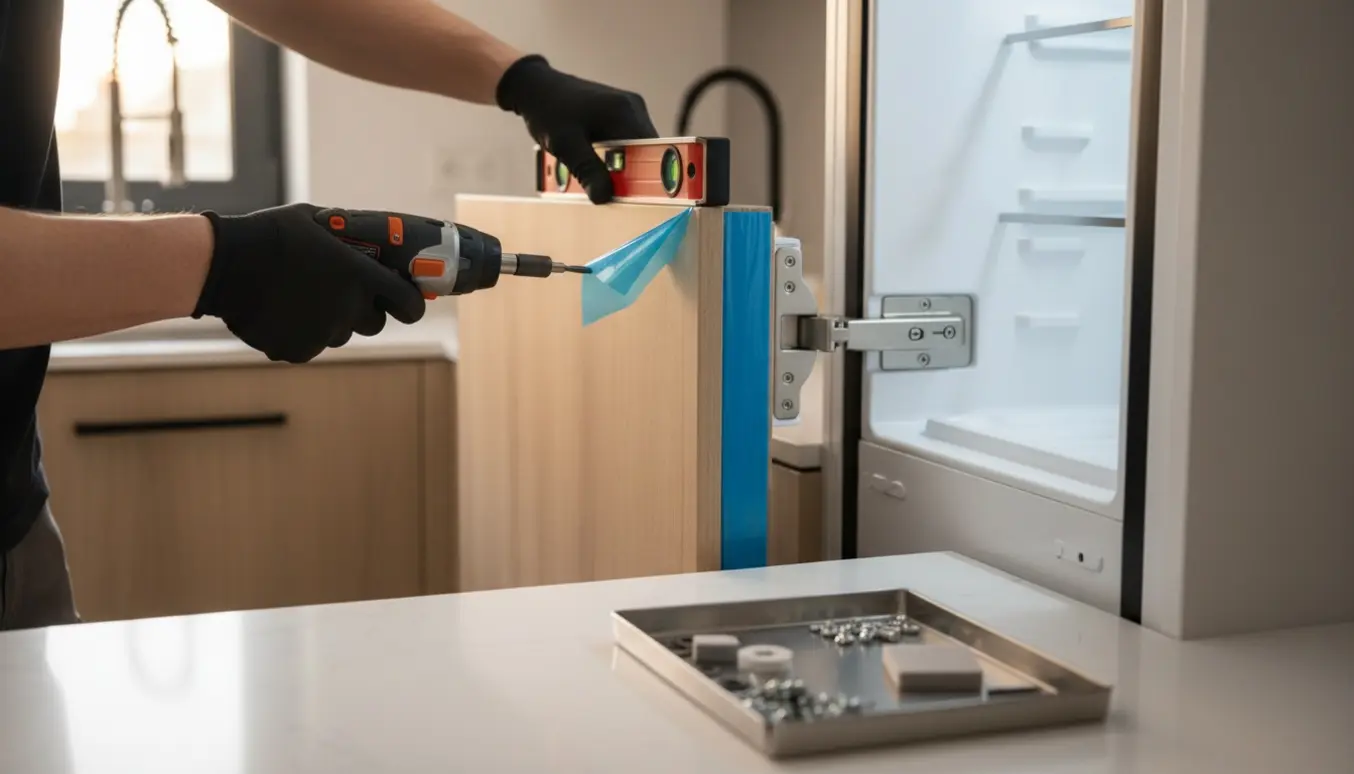 Hænder monterer en skabslåge på et integreret køleskab i et lyst, moderne køkken.