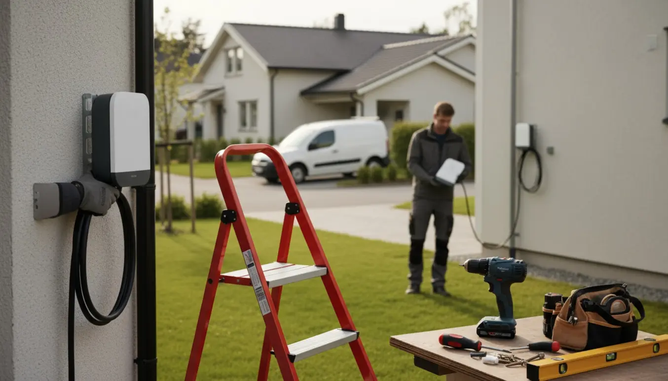 En tekniker flytter en vægmonteret, kompakt ladeboks til elbil mellem to huse med værktøj og en kassevogn i baggrunden.