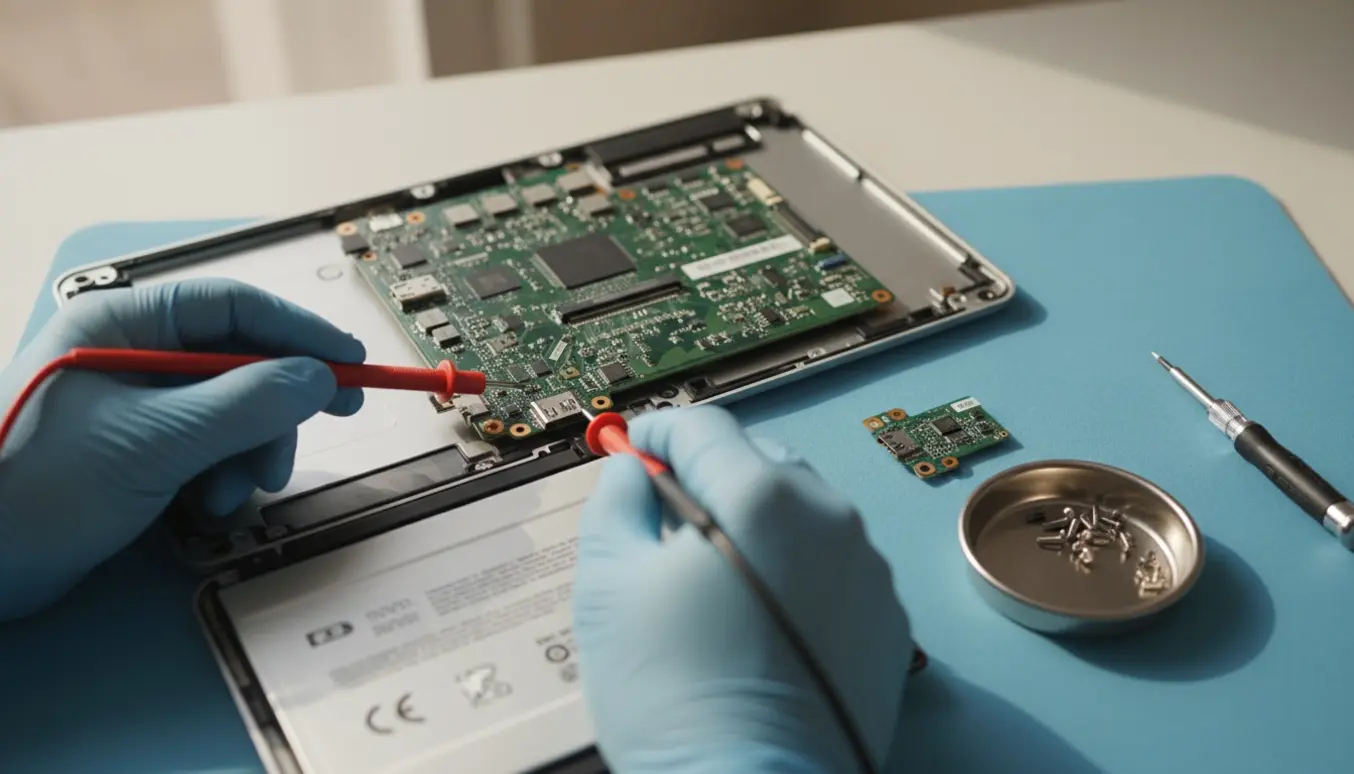 En tekniker undersøger en åben 13 tommer bærbar på et arbejdsbord med multimeter og skruetrækkersæt.