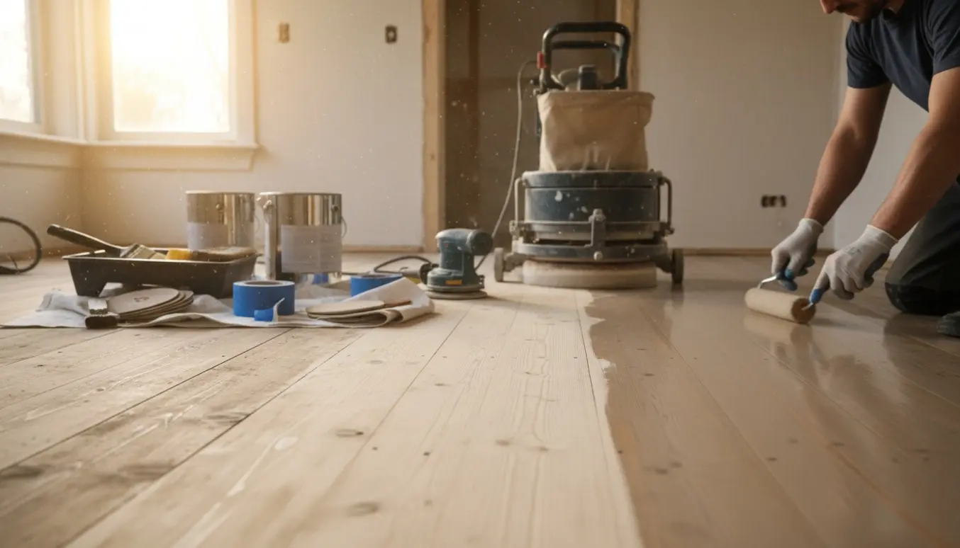Nærbillede af gulvafslibning i et lille hus med overgang fra ru til nyslebet og matlakeret træ.