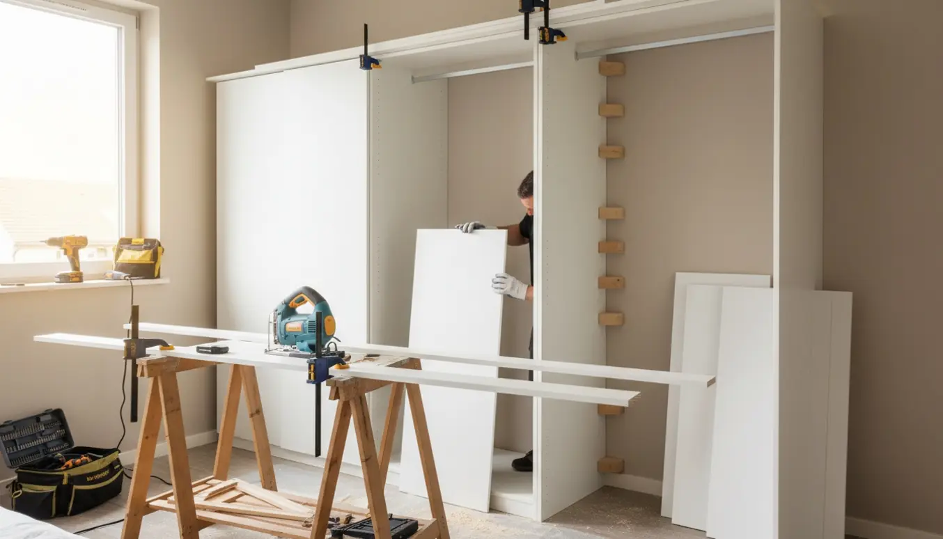 Delvist samlet PAX-garderobe hvor en sidepanel og lange indækninger tilpasses og tilskæres i et lyst rum.