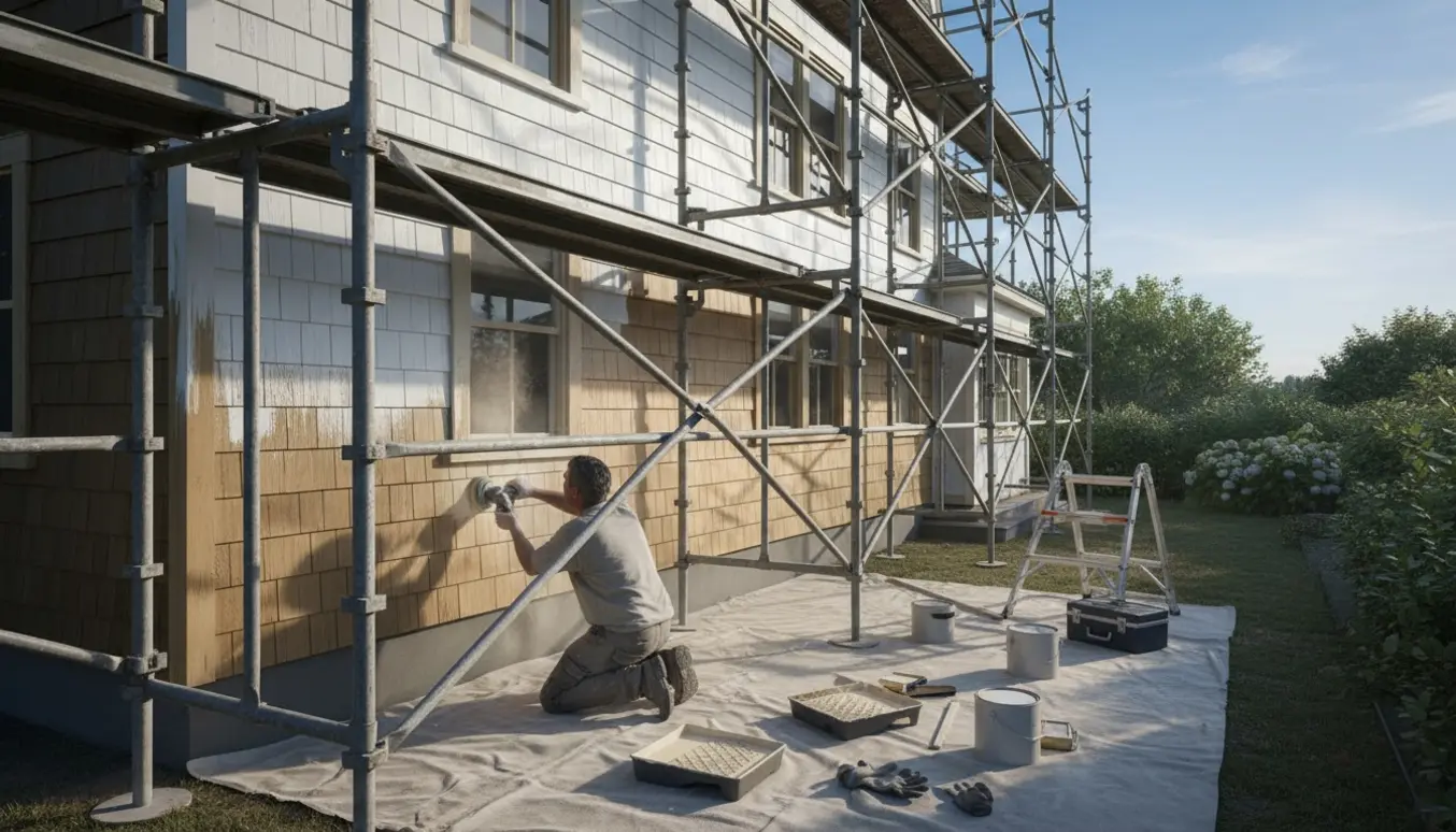Stillads om et træhus mens en maler sliber og maler facaden med maling og afdækningsdug i forgrunden.