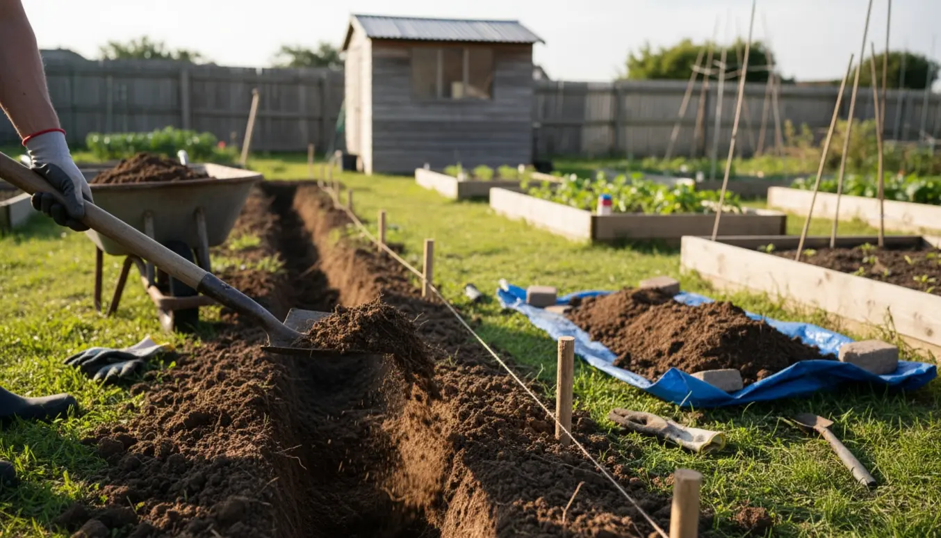 En person graver en rende i en kolonihave med skovl og trillebør, jord samlet i bunker klar til bortskaffelse.