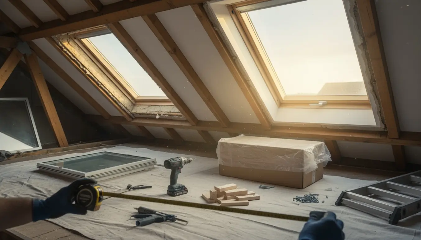 To ovenlysvinduer i loftrummet under udskiftning med nyt vindue, målebånd og værktøj.