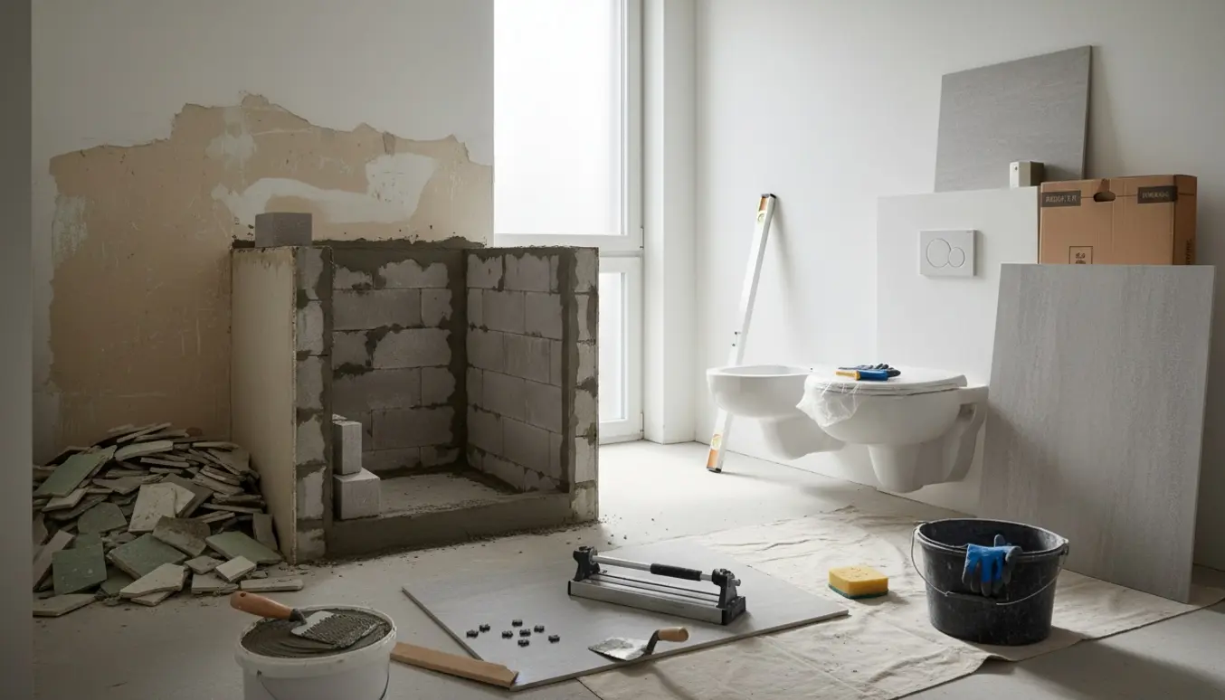 Mindre badeværelse under renovering med fjernet badekar, muret bruseniche og nye sanitetsdele klar til montering.