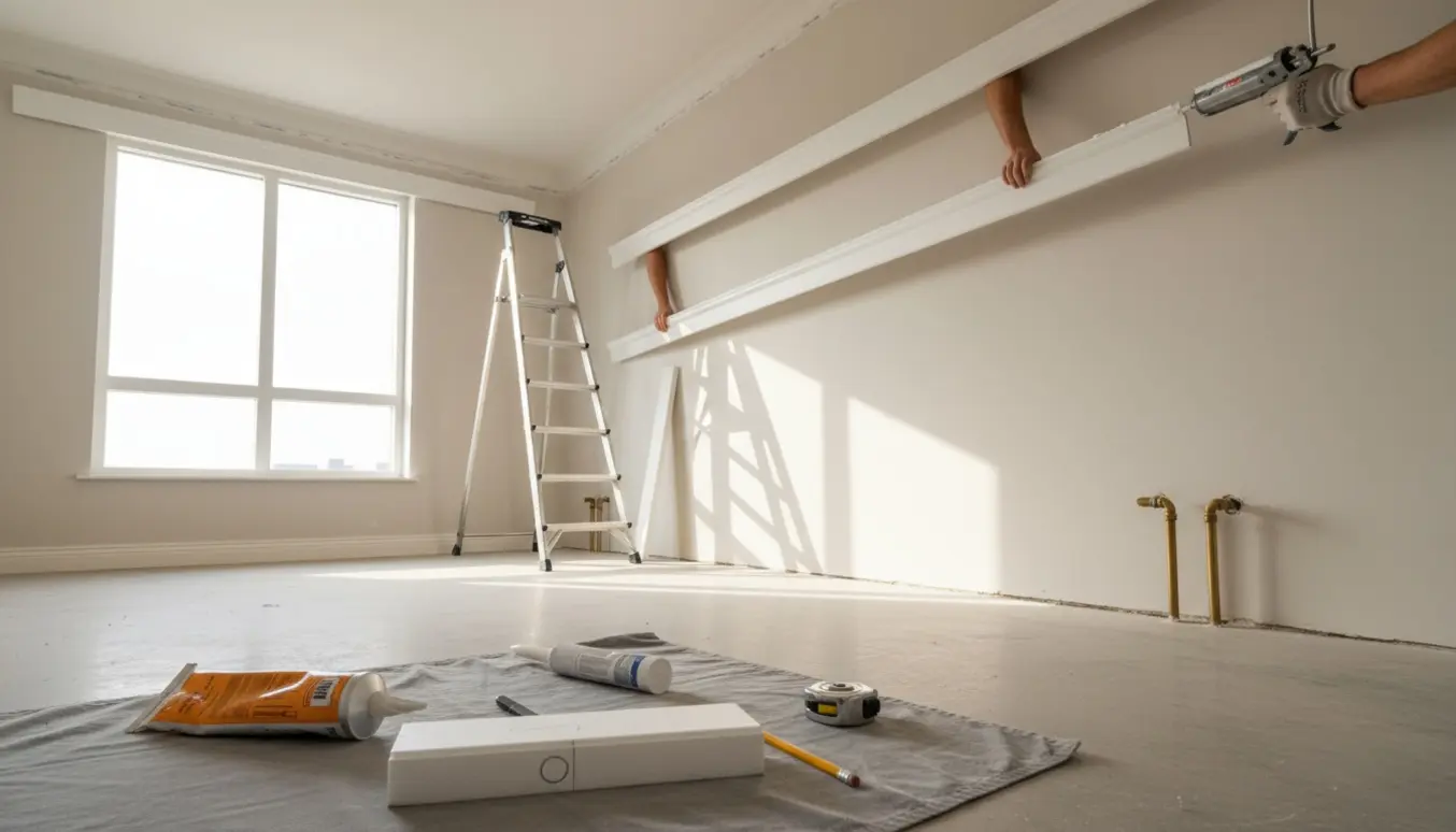 Et lyst rum med Duropolymer-stuk delvist opsat, stige, lim og et stykke stuk markeret til udskæring ved radiatorrør.