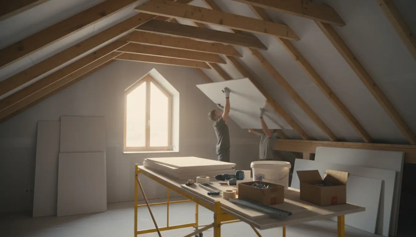 Rullestillads og gipsplader i et loft med synlige bjælker klar til opsætning.