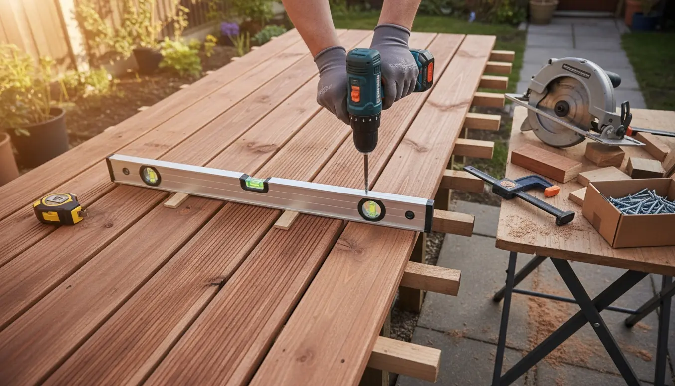 Halvfærdig træterrasse under montage med lange brædder, skruemaskine, vaterpas og savafklip.