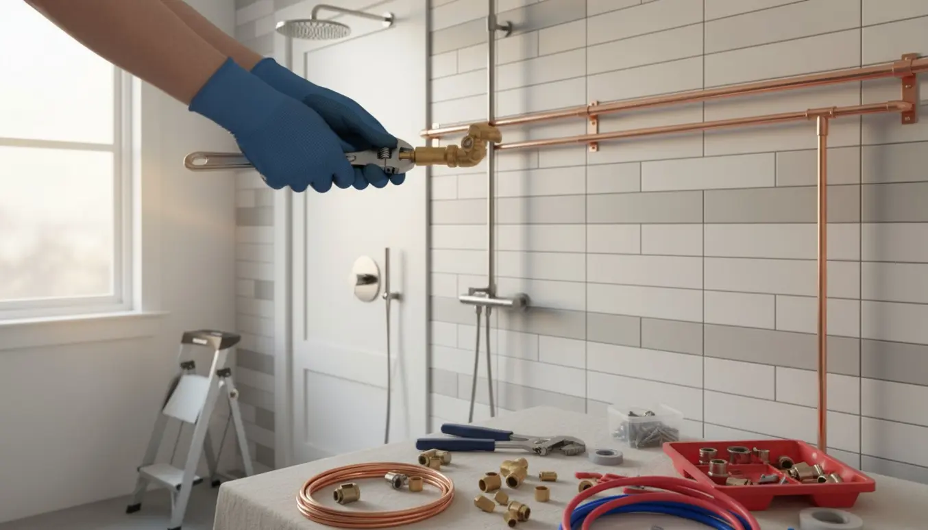 Håndværker monterer et nyt vandrør ført over en dør til en ny bruser i et flisebadeværelse.