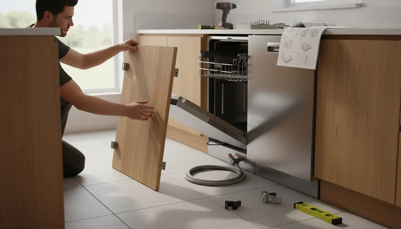 Installatør monterer skabsfront på en indbygget opvaskemaskine med værktøj og åben brugsanvisning.