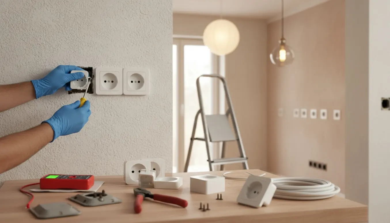 Hænder monterer en hvid stikkontakt foran en stige, med værktøj og to loftslamper i baggrunden.