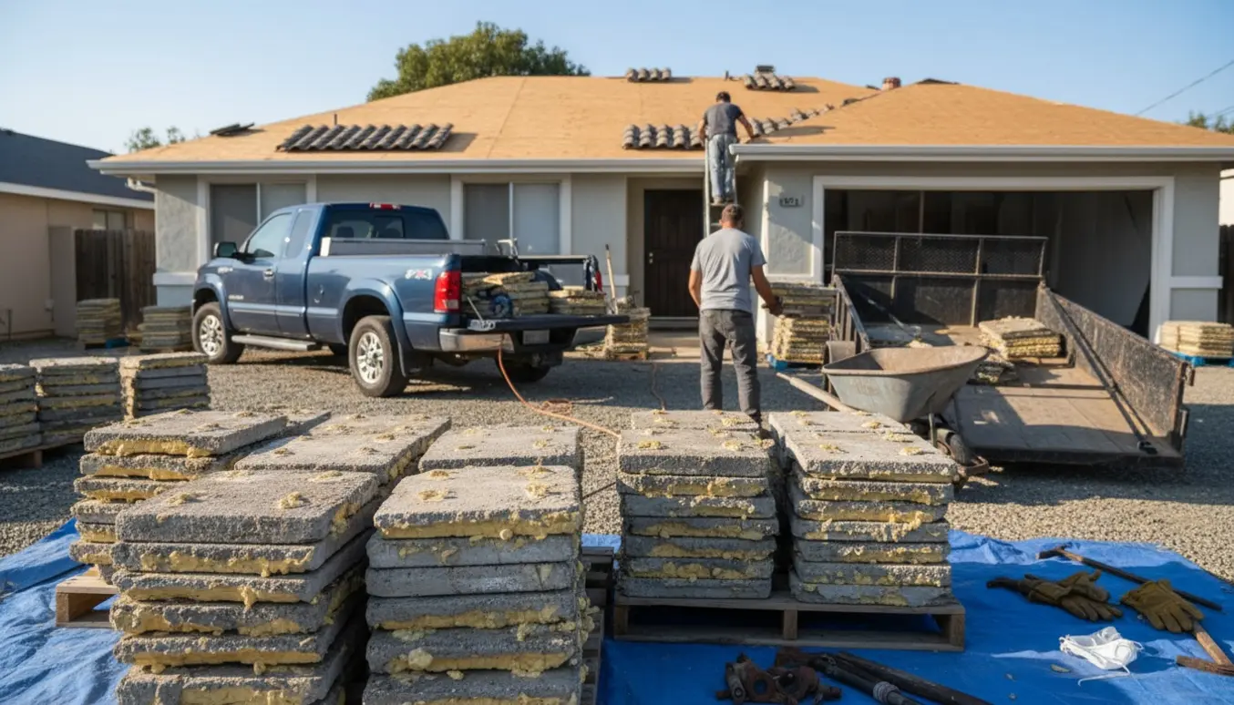Trailer og bunker af beton tagsten ved et enfamiliehus klar til bortskaffelse.