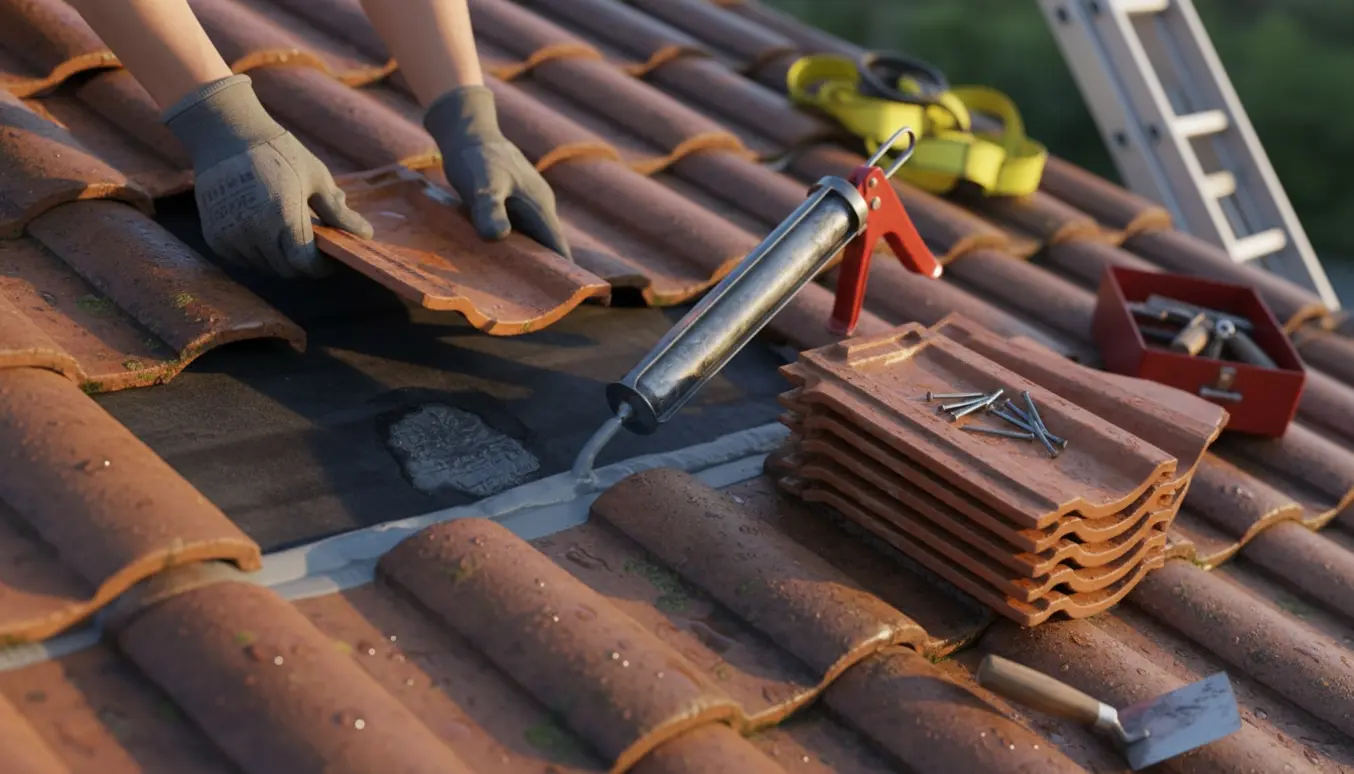 Nærbillede af tagreparation med handske‑klædte hænder, løse tagsten, tætningsmiddel og værktøj på et fugtigt tag.
