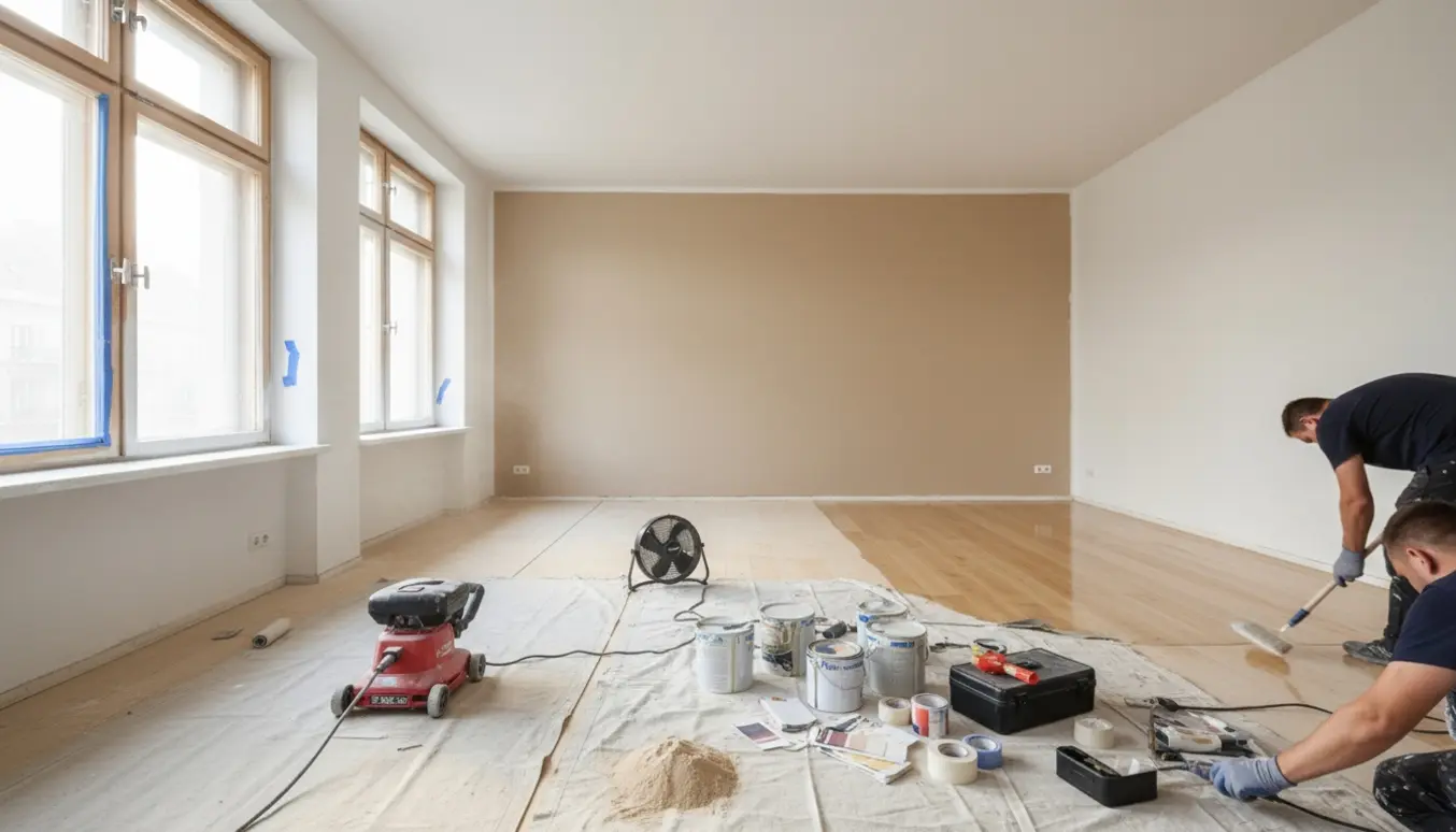 Lyse lejlighedsværelse under renovering med halvmalede vægge, nymalede karme og gulv med slibning og lakering.