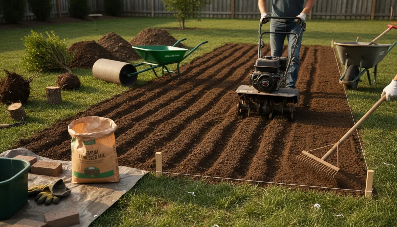 Have bliver fræset og planeret med fræser, rive og såmaskine klar til at så nyt græs.