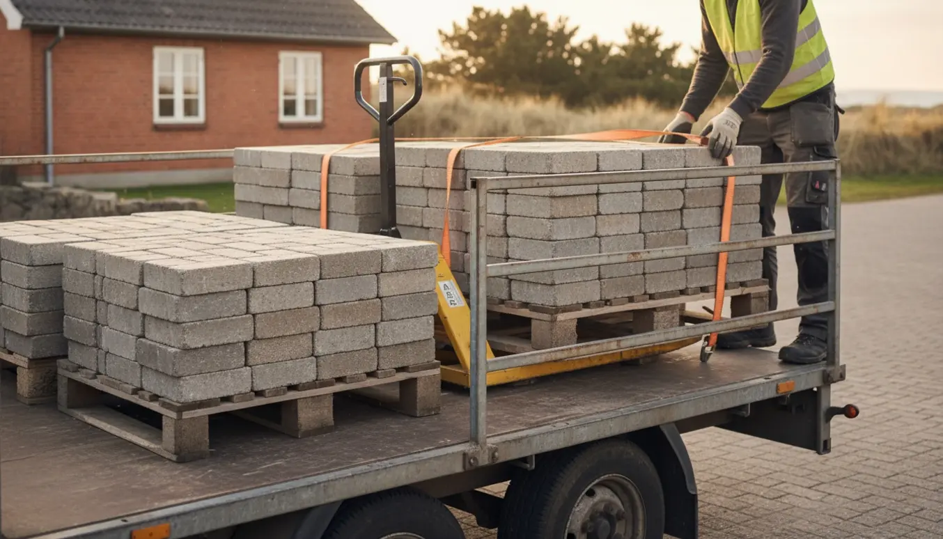 Stakke af herregårdssten på paller ved en åben trailer i en dansk indkørsel, klar til afhentning.
