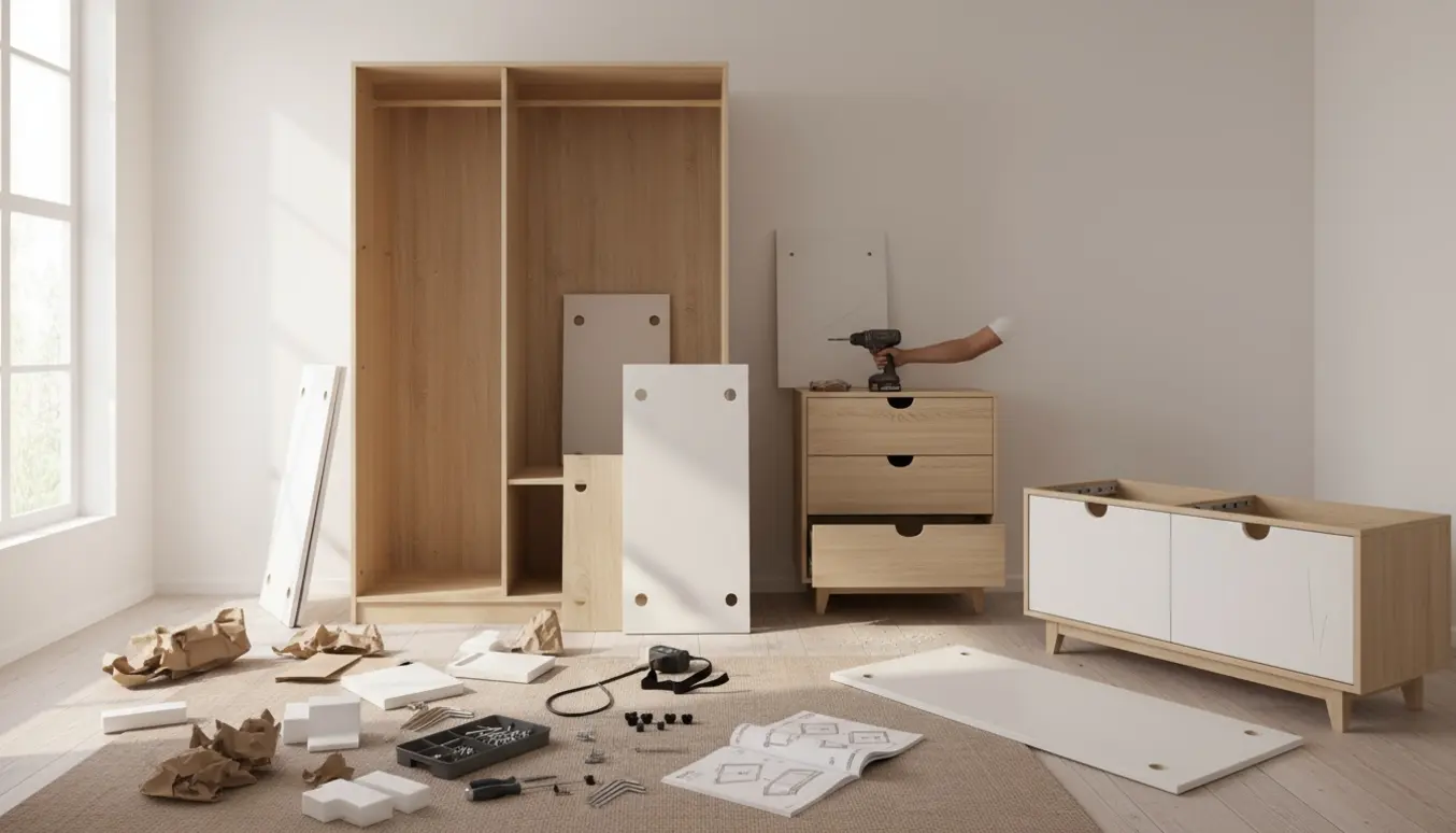 Halvmonteret klædeskab, kommode og skoskab i lyst værelse med værktøj spredt omkring.