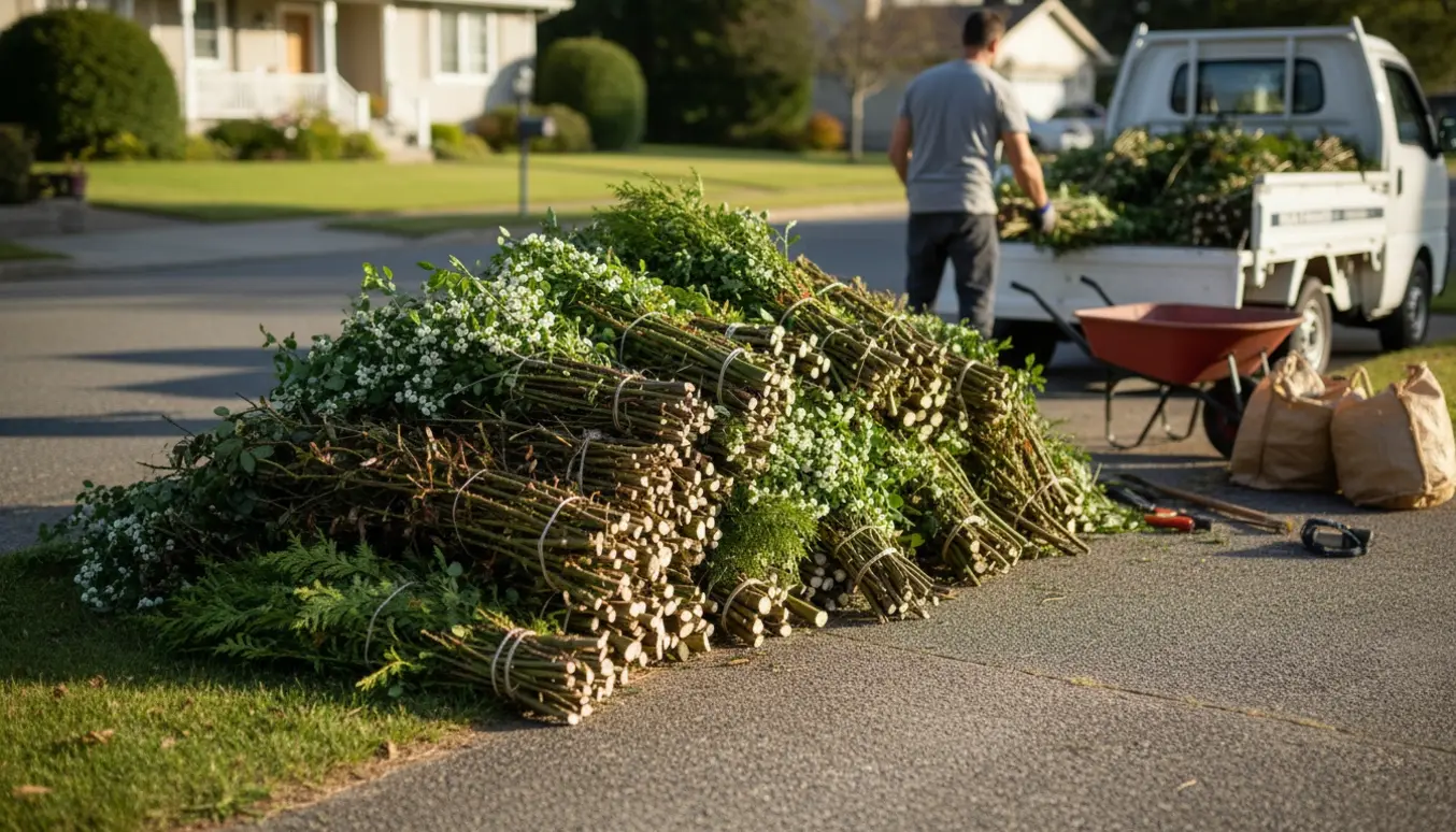 Bunke med klippet haveaffald i forhaven ved vejen klar til afhentning.