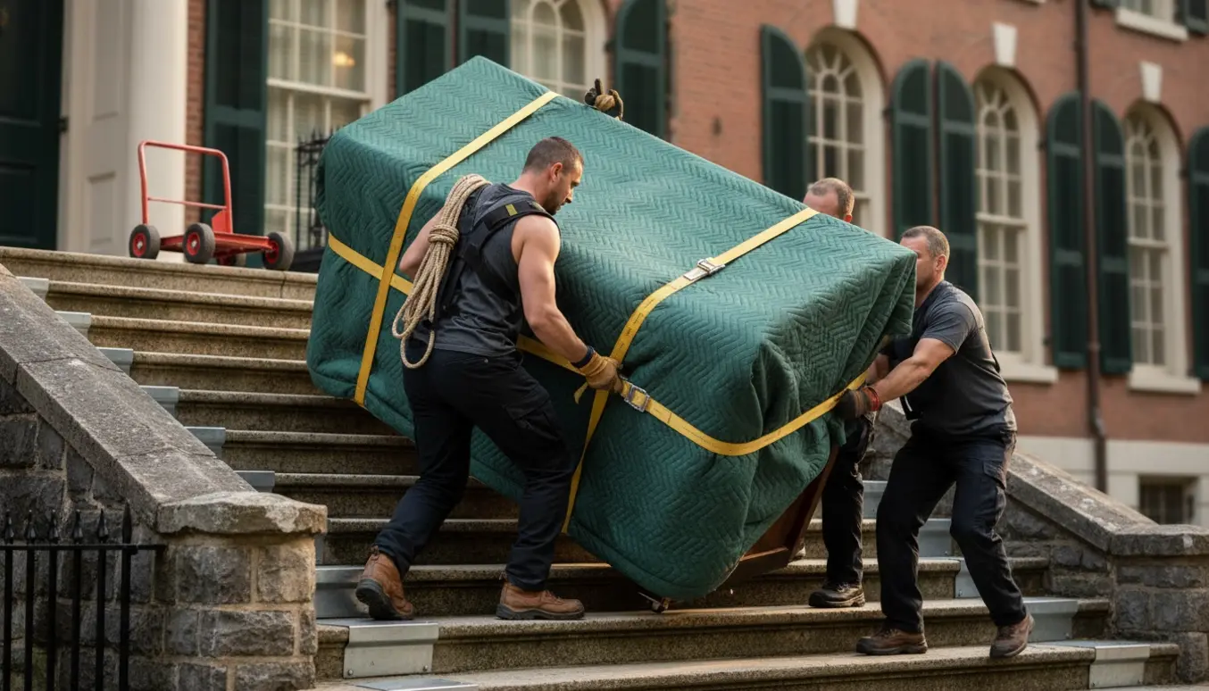 Tungt klaver løftes op ad en udendørs stentrappe med løfteseler og flyttetæpper.