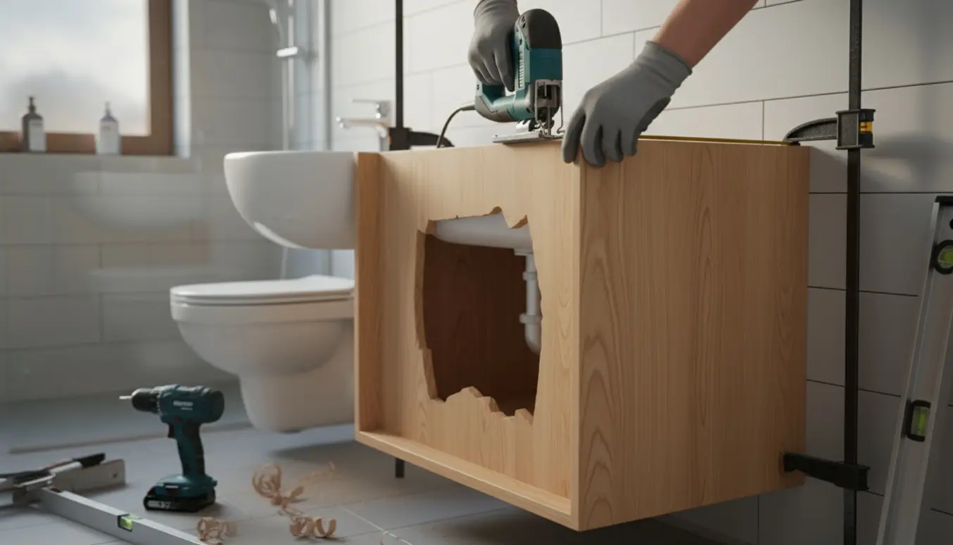 Montering af håndvaskskab med udskæring til vandrør og værktøj på et badeværelse.