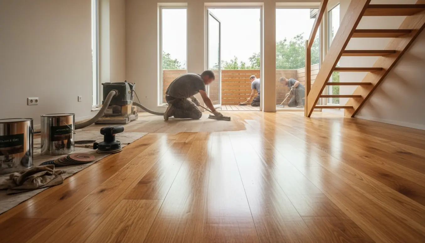 Håndværker sliber og olierer et lyst trægulv ved en trappe med åben dør til en træaltan.