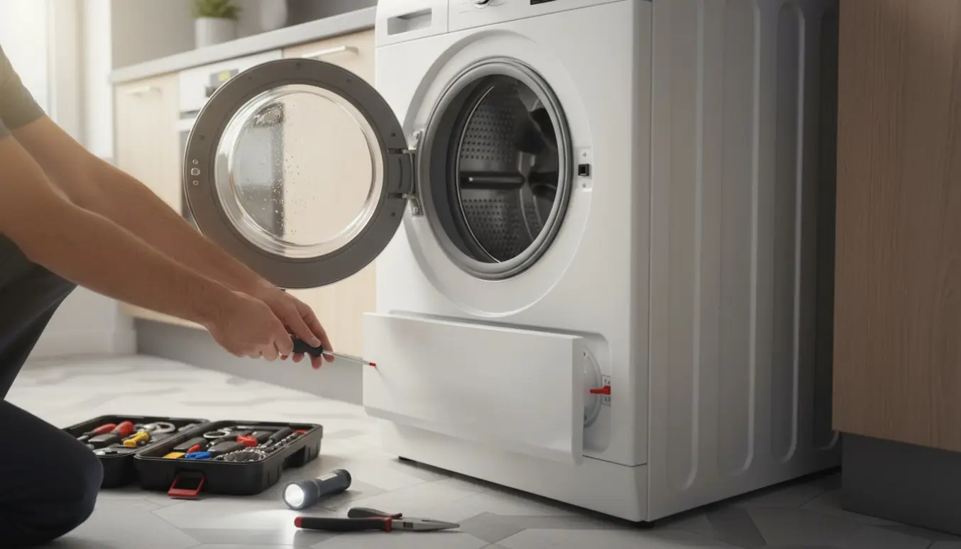 Hænder trækker i nødåbningssnor ved nederste højre panel på en hvid frontbetjent vaskemaskine i et køkken.