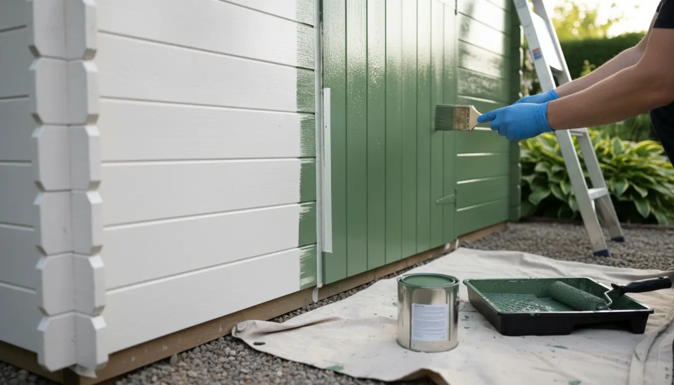 Et grundet træskur delvist nymalet med pensel og rulle på afdækningsdug.