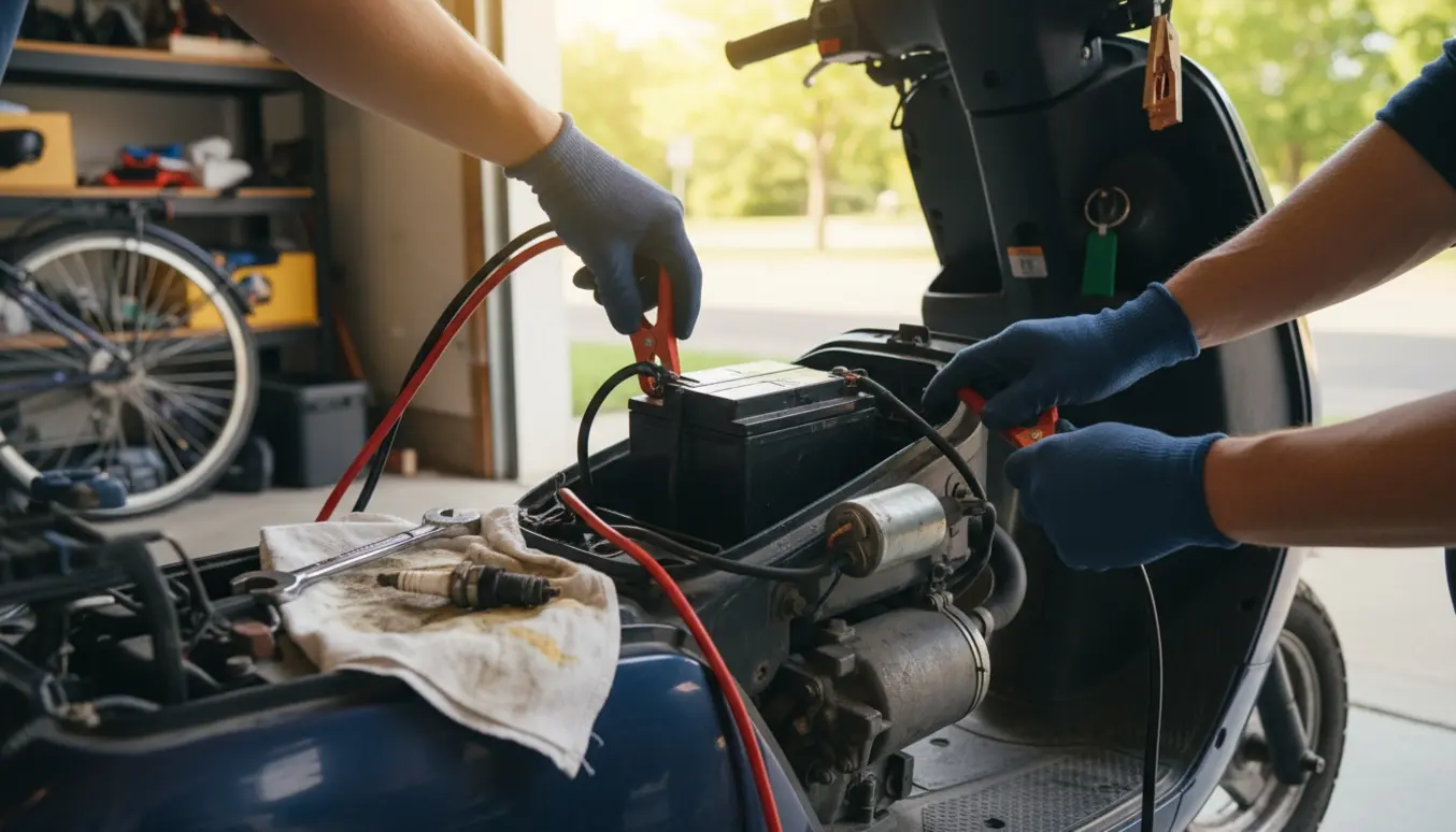 En knallert med åben motor og hænder, der holder startkabler og lytter til en kliklyd.