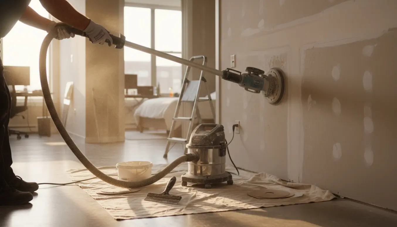 Slibning af pletspartlet gipsvæg med elektrisk girafsliber og industristøvsuger i et lyst rum.