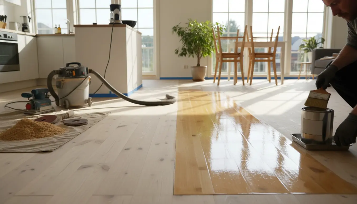 Hænder påfører olie på nyslebede trægulve i en lys stue med synlige ridser og slibemaskine.