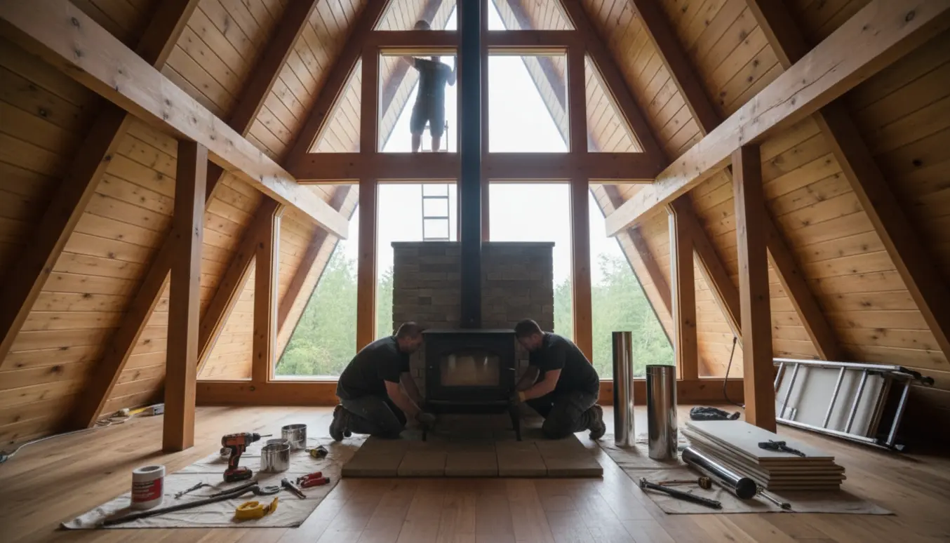 Installatører monterer brændeovn og skorsten i et A-hus med stejl taghældning.