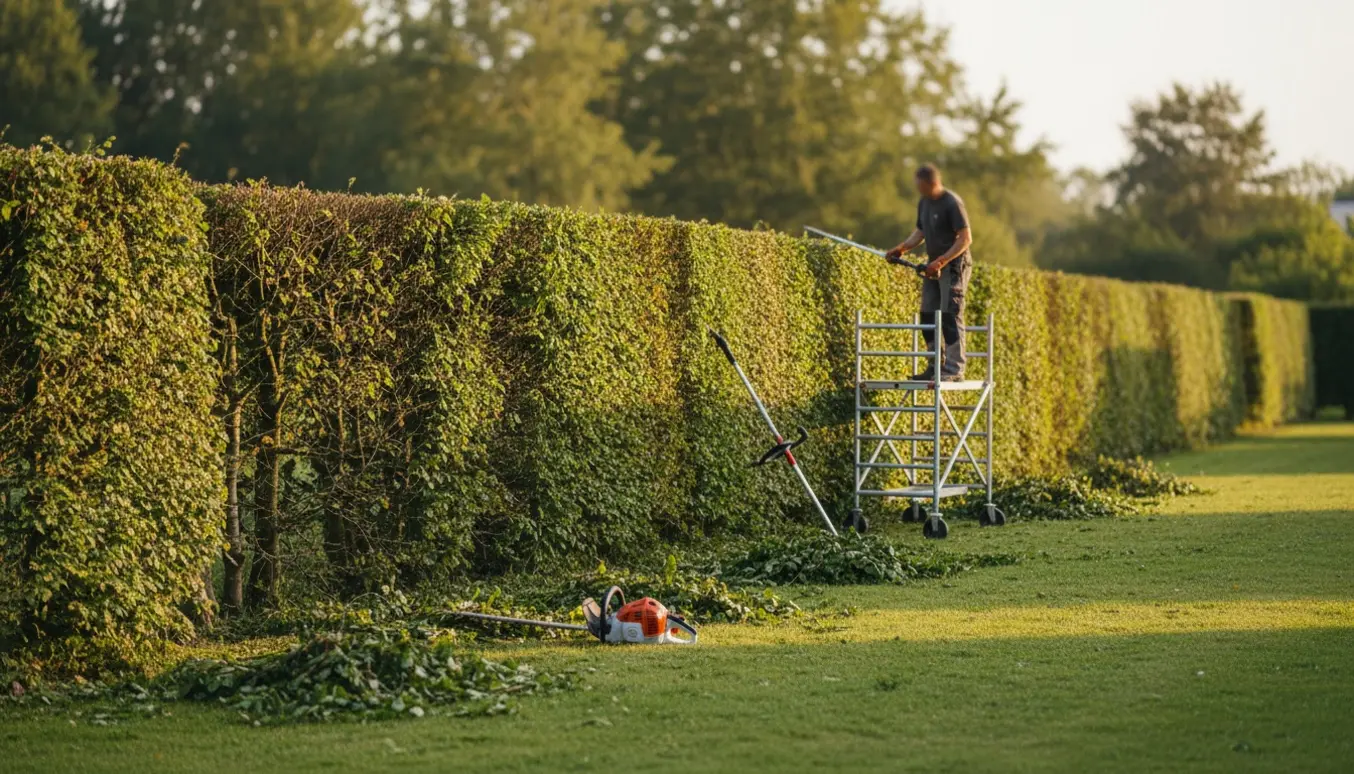 Bøgehæk på ca. 4 m klippes kraftigt med benzin-hækkeklipper, stige og rullestillads ved siden af.